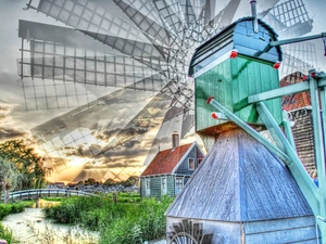 Windmill, clouds, Netherlands, River