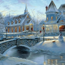 winter, Houses, River, snow