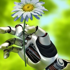 Robot, 3D, Margarytka, hand, Flower