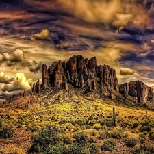 clouds, Sky, rocks, storm