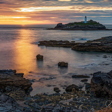 Godrevy Lighthouse, England, rocks, sea, Great Sunsets