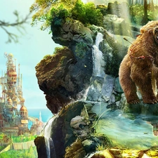 Women, Bear, Castle, reflection, roaring, rocks, fantasy