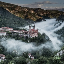 rocks, Fog, Mountains, woods, Castle