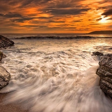 sea, Waves, rocks, Great Sunsets