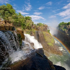 waterfall, Great Rainbows, rocks