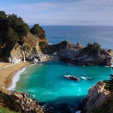 Gulf, McWay Falls, The United States, rocks, California, sea, Julia Pfeiffer Burns State Park, Great Sunsets