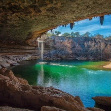 rocks, cave, lake