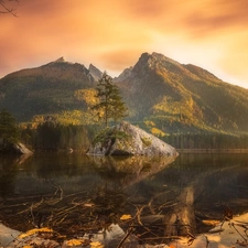 trees, viewes, Germany, Alps Mountains, Bavaria, rocks, Lake Hintersee, Great Sunsets