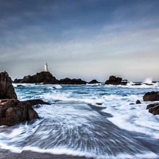 Lighthouse, sea, rocks, maritime