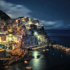 Gulf, Manarola, rocks, Night, sea, Italy