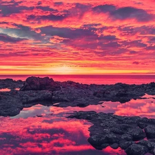 sea, clouds, rocks, Red