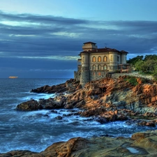 rocks, house, sea