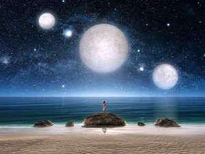 Planets, Stones, sea, rocks, girl, star, fantasy