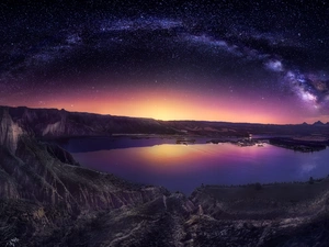 Night, star, Star way, Mountains, Sky, lake, rocks