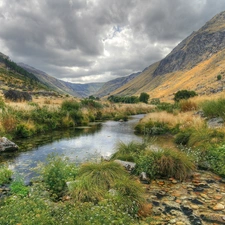 Valley, grass, rocks, stream