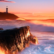 rays, maritime, sea, sun, Lighthouse, rocks, Waves