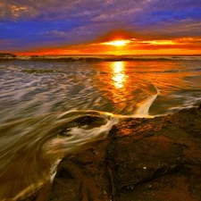 west, sea, rocks, sun