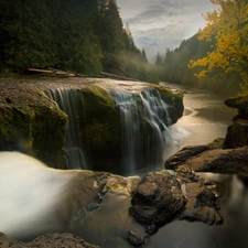 woods, waterfall, Rocks, River
