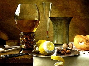 Ravaditis, nuts, glasses, Lemon, Wine, Kornel, picture, roll