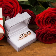 roses, Flowers, Red, bouquet, Present, boarding, rings, Box, marriage