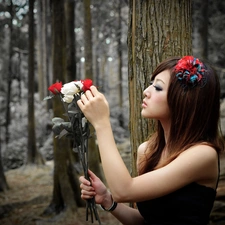 roses, forest, Women