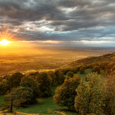 Hohenzollern Castle, Hohenzollern Mountain, trees, viewes, Baden-Württemberg, Germany, clouds, The Hills, Sunrise