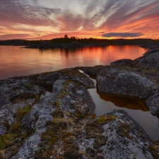 rocks, Lake Ladoga, viewes, Great Sunsets, trees, Russia