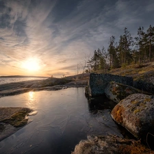 scarp, Lake Ladoga, viewes, rocks, Sunrise, trees, Russia
