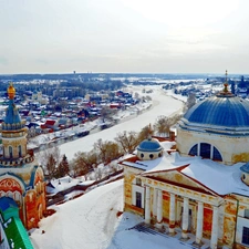 Town, snow, Russia, River