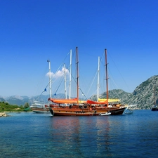 sailboats, sea, Mountains