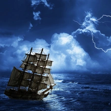 Storm, sea, sailing vessel, clouds