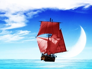 sea, Sky, Red, sails, sailing vessel
