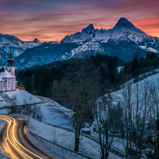 trees, woods, Bavaria, Sanctuary of Maria Gern, Germany, winter, Church, viewes, Mountains, Great Sunsets, Way, Berchtesgaden, Salzburg Slate Alps