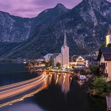Salzburg Slate Alps, Hallstatt, Houses, Mountains, Austria, Hallstattersee Lake, light