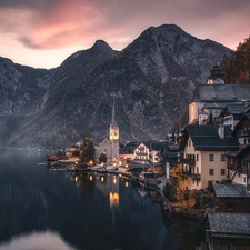 Hallstattersee Lake, Fog, Hallstatt, Houses, Austria, Salzburg Slate Alps, Mountains, Church