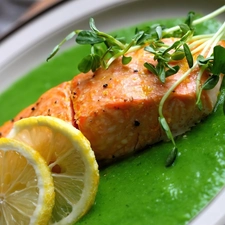 salmon, dish, sauce, Lemon, Green, fish