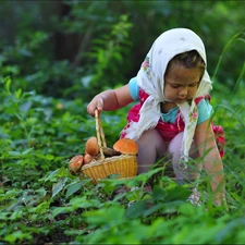 girl, Mushrooming, scarf, forest