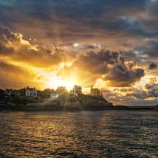 sea, Coast, clouds, rocks, Great Sunsets, Brittany, France, Houses