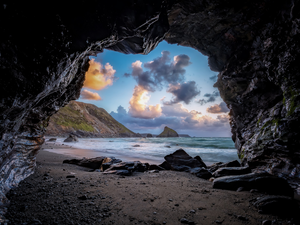 clouds, cave, Cathedral Cove, New Zeland, Waikato Region, rocks, sea, Coromandel Peninsula