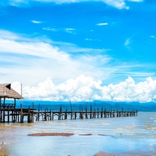 sea, pier, clouds