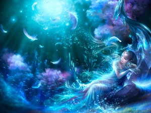 girl, bottom, feather, sea