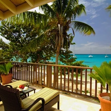 Hotel hall, Palms, sea, terrace