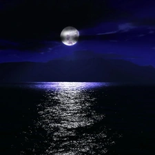 moon, Mountains, sea, Night