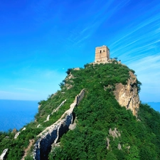 mountains, scrub, sea, ruins