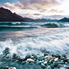 Mountains, Waves, sea, Stones