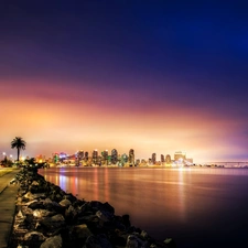 sea, Coast, light, Pavement, Night, San Diego, USA, Bench