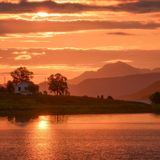 sea, Senja Island, house, Great Sunsets, Norway, Mountains, reflection