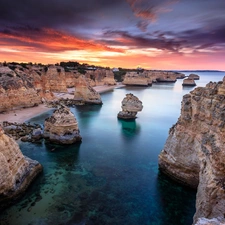 sea, rocks, Algarve Region, Great Sunsets, Coast, Atlantic Ocean, Portugal