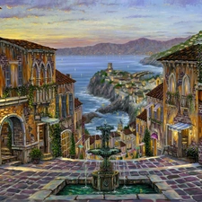 Street, fountain, sea, Houses