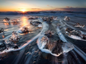 Icecream, iceland, Sunrise, Vatnajökull National Park, Waves, sea